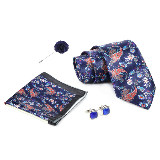 RIZORO Navy Blue Mens Paisley Micro Print Silk Necktie Gift Set With Pocket Square Cufflinks & Brooch Pin Formal Tie With Wooden Box Free Size | (Wooden Gift Box ) (Pack of 4) (RPL_36)