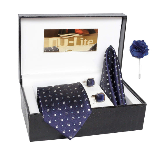 AXLON Men's Micro Polyester Necktie Set with Pocket Square, Brooch Pin and Cufflinks (Free Size)