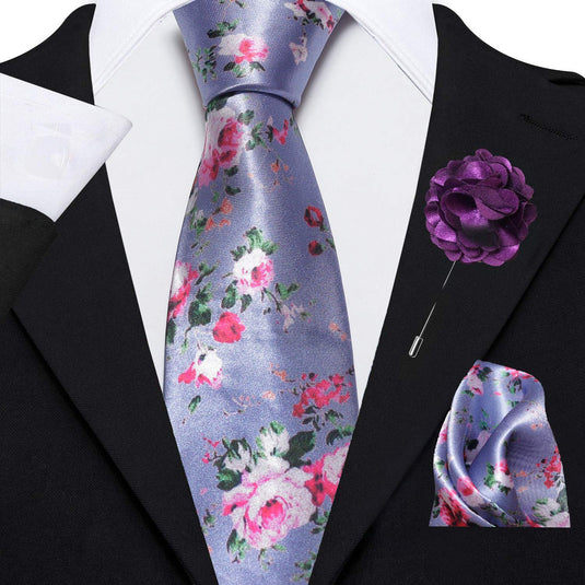 AXLON Men's Micro Polyester Floral Necktie Set with Pocket Square and Brooch Pin (Blue ,Free Size)