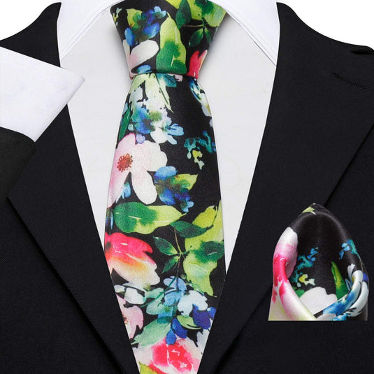 Axlon Men's Micro Polyester Floral Necktie Set with Pocket Square and Brooch Pin (Black ,Free Size)