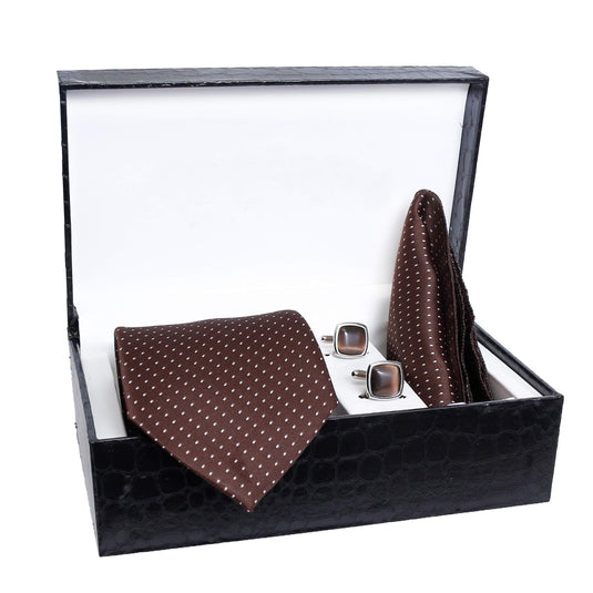 AXLON Unisex Silk Stain Resistant, Pocket Square, Cufflinks Necktie (Brown)