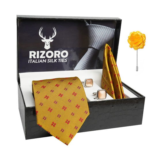 RIZORO Mens Plaid Dotted Silk Necktie Gift Set With Pocket Square Cufflinks & Brooch Pin Formal Tie With Leatherite Box (4D2RX Free Size) | (Leather Gift Box) (Pack of 4)