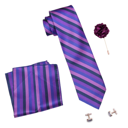 AXLON Formal/Casual Printed Polyester Necktie Set with Pocket Square, Brooch Pin and Cufflinks for Men (Free Size, Purple)