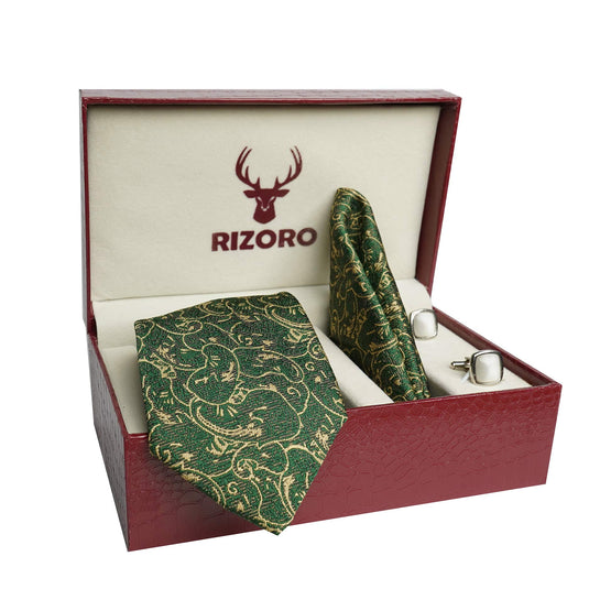 RIZORO Mens Plaid Pasiley Silk Necktie Tie Gift Set With Pocket Square, Cufflinks & Brooch Pin Formal Tie With Leatherite Box (PARRB, Free Size)