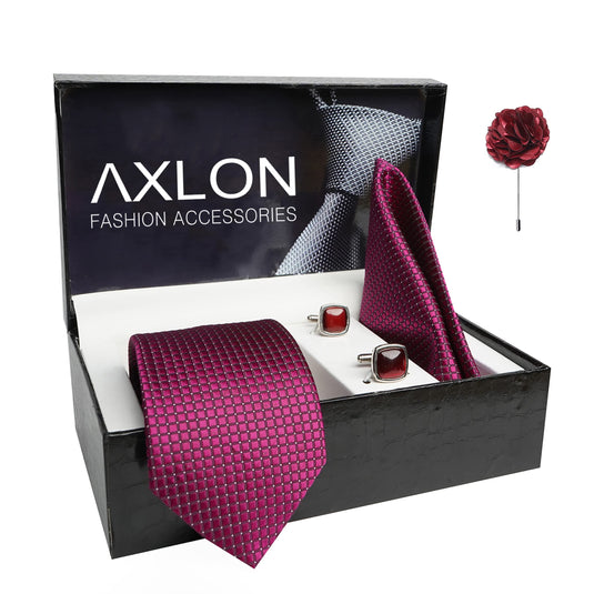 AXLON Mens Plaid Dotted Silk Necktie Gift Set With Pocket Square Cufflinks & Brooch Pin Tie For Men Formal With Leatherite Box (A9RX Free Size) | (Leather Gift Box) (Pack of 4)