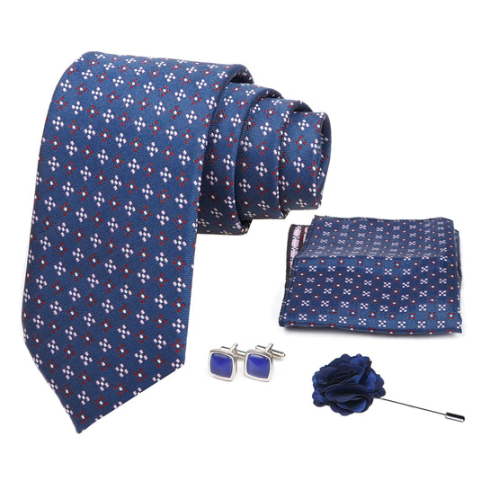 AXLON Mens Plaid Micro Self Silk Necktie Gift Set With Pocket Square Cufflinks & Brooch Pin Formal Tie With Box (SLKP_9, Blue)