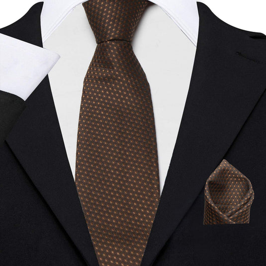 AXLON Men's Micro Polyester Necktie Set with Pocket Square and Brooch Pin (Brown , Free Size)