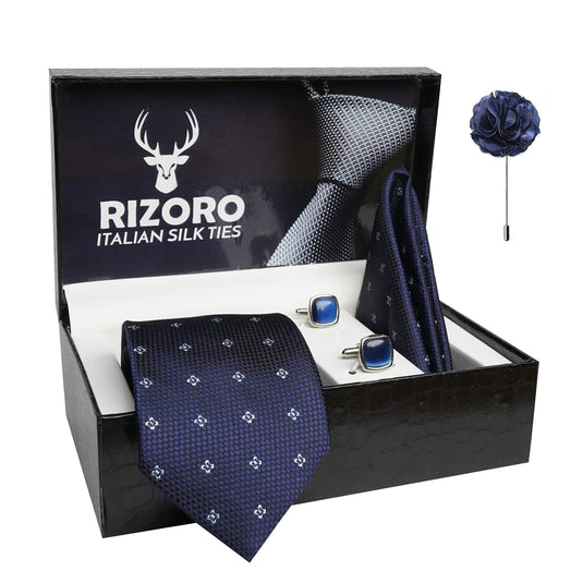 RIZORO Mens Plaid Dotted Silk Necktie Gift Set With Pocket Square Cufflinks & Brooch Pin Formal Tie With Leatherite Box (4D5RX Free Size) | (Leather Gift Box) (Pack of 4)