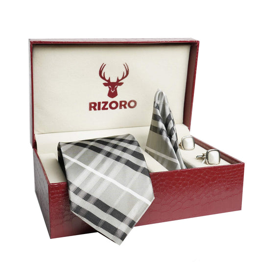 RIZORO Mens Plaid Checkered Silk Necktie Tie Gift Set With Pocket Square, Cufflinks & Brooch Pin Formal Tie With Leatherite Box (BURRB, Free Size)