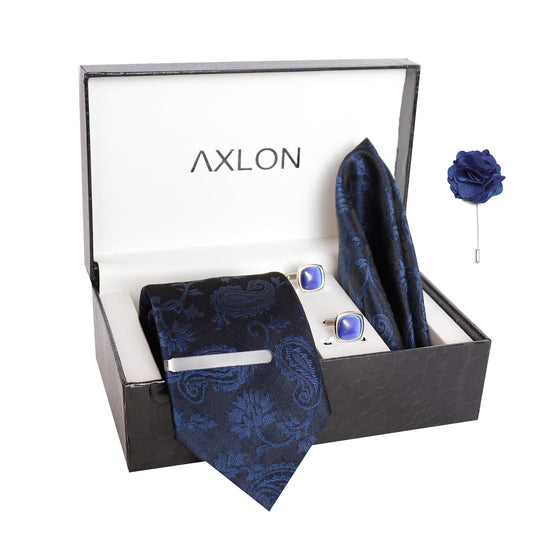 AXLON Men's Polyester Necktie Set with Pocket Square, Brooch Pin and Cufflinks (Free Size, Blue)