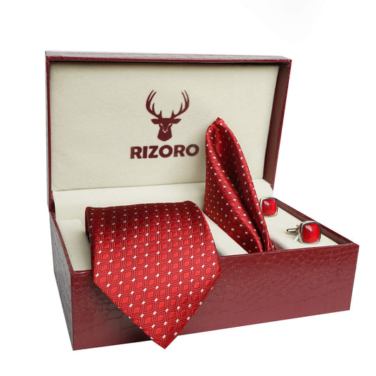 RIZORO Mens Plaid Dotted Silk Necktie Tie Gift Set With Pocket Square, Cufflinks & Brooch Pin Formal Tie With Leatherite Box (A13RB, Free Size)