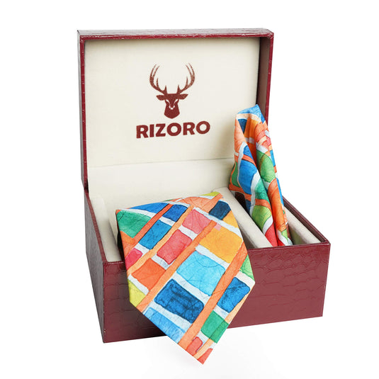 RIZORO Men Checkered Micro Fibre Necktie Gift Set With Pocket Square Cufflinks & Brooch Pin Formal Tie (Beige BURBGRB Free Size)