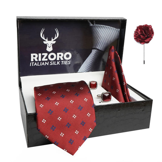 RIZORO Mens Plaid Dotted Silk Necktie Gift Set With Pocket Square Cufflinks & Brooch Pin Formal Tie With Leatherite Box (4D3RX Free Size) | (Leather Gift Box) (Pack of 4)