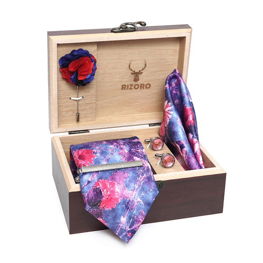 RIZORO Mens Plaid Micro Self Silk Floral Purple Necktie Gift Set With Pocket Square Cufflinks Brooch Pin Men Tie Clip Formal Tie With Wooden Box For Gifting (RW_21, Free Size)