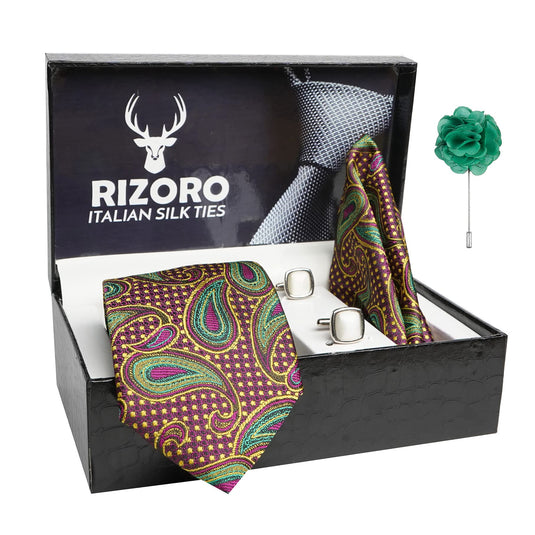 RIZORO Mens Plaid Pasiley Silk Necktie Gift Set With Pocket Square Cufflinks & Brooch Pin Formal Tie With Leatherite Box (AMBI3RX Free Size) | (Leather Gift Box) (Pack of 4)