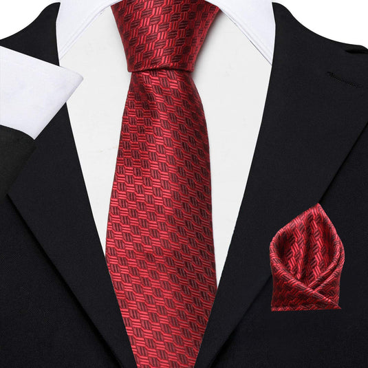 AXLON Men's Micro Polyester Necktie Set with Pocket Square and Brooch Pin (Red , Free Size)