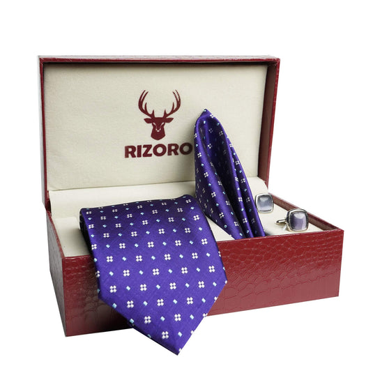 RIZORO Mens Plaid Dotted Silk Necktie Tie Gift Set With Pocket Square, Cufflinks & Brooch Pin Formal Tie With Leatherite Box (4D1RB, Free Size)