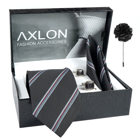 Axlon Mens Plaid Micro Self Silk Necktie Gift Set With Pocket Square Cufflinks & Brooch Pin Tie for Men Formal Tie Set with Box (Pack of 4) (Black, 2022AX_3)