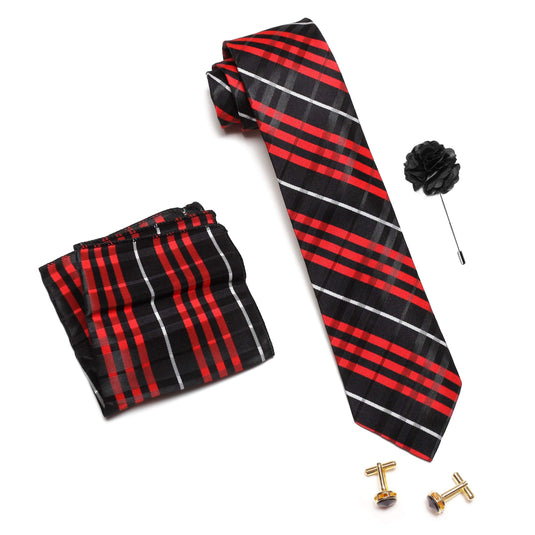 Axlon Men's Micro Polyester Stripped Necktie Set with Pocket Square, Brooch Pin and Cufflinks (Multicolour, Free Size)