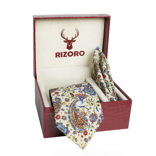 RIZORO Men Checkered Micro Fibre Necktie Gift Set With Pocket Square Cufflinks & Brooch Pin Formal Tie (Beige BURBGRB Free Size)