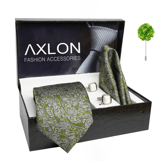 AXLON Mens Plaid Pasiley Silk Necktie Gift Set With Pocket Square Cufflinks & Brooch Pin Tie For Men Formal With Leatherite Box (PARRX Free Size) | (Leather Gift Box) (Pack of 4)