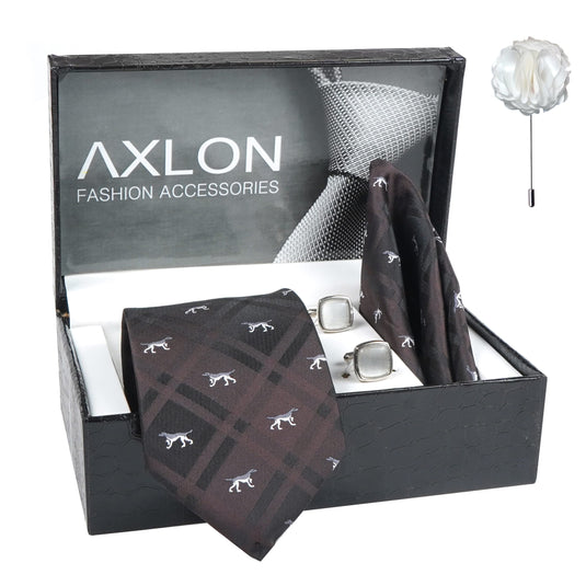 Axlon Men's Check Micro Wooven Silk Necktie Gift Set With Pocket Square Cufflinks & Brooch Pin Tie for Men Formal Tie Set with Box (Pack of 4) (AX11_6, Brown)