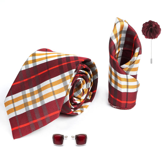 AXLON Mens Plaid Checkered Silk Necktie Gift Set With Pocket Square Cufflinks & Brooch Pin Tie For Men Formal With Leatherite Box (BURRX Free Size) | (Leather Gift Box) (Pack of 4)