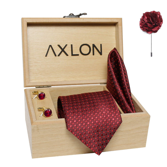 Axlon Men's Micro Polyester Dotted Necktie Set with Pocket Square, Brooch Pin and Cufflinks (Dark Red, Free Size)