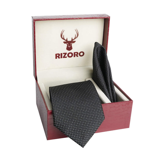 RIZORO Men Dotted Micro Fibre Necktie Gift Set With Pocket Square & Brooch Pin Formal Tie (Blue A13BLRS Free Size)