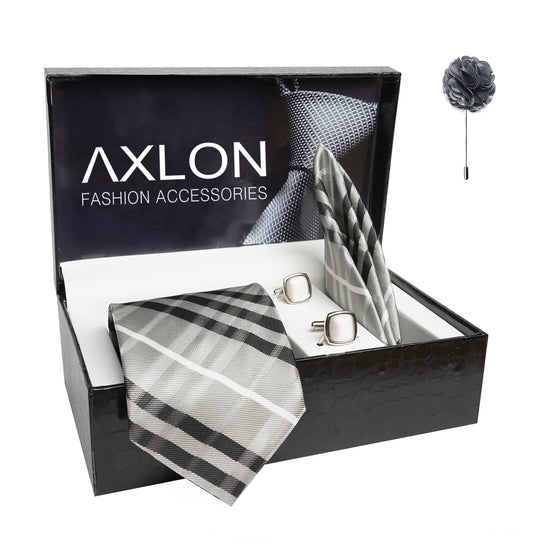 AXLON Mens Plaid Checkered Silk Necktie Gift Set With Pocket Square Cufflinks & Brooch Pin Tie For Men Formal With Leatherite Box (BURRX Free Size) | (Leather Gift Box) (Pack of 4)