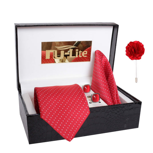 nu-Lite Men's Dotted Micro Polyester Necktie Set with Pocket Square, Brooch Pin and Cufflinks (Free Size)