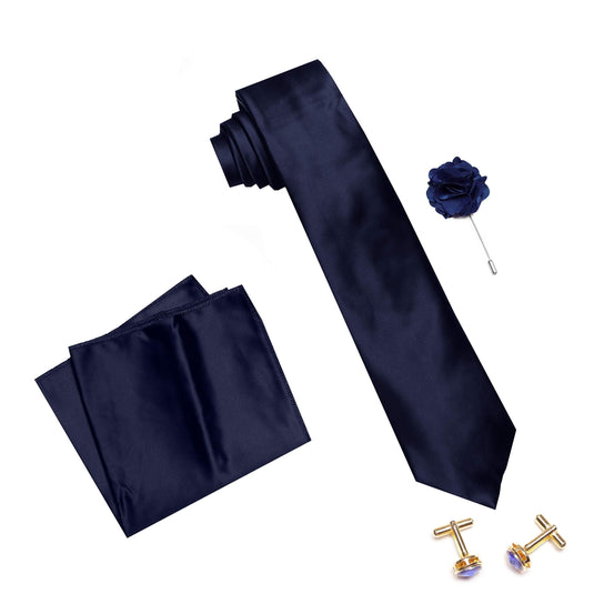 Axlon Men's Micro Polyester Plain Necktie Set with Pocket Square, Brooch Pin and Cufflinks (Blue, Free Size)