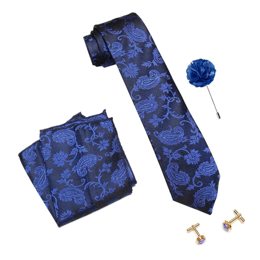 Axlon Men's Micro Polyester Printed Necktie Set with Pocket Square, Brooch Pin and Cufflinks (Blue, Free Size)