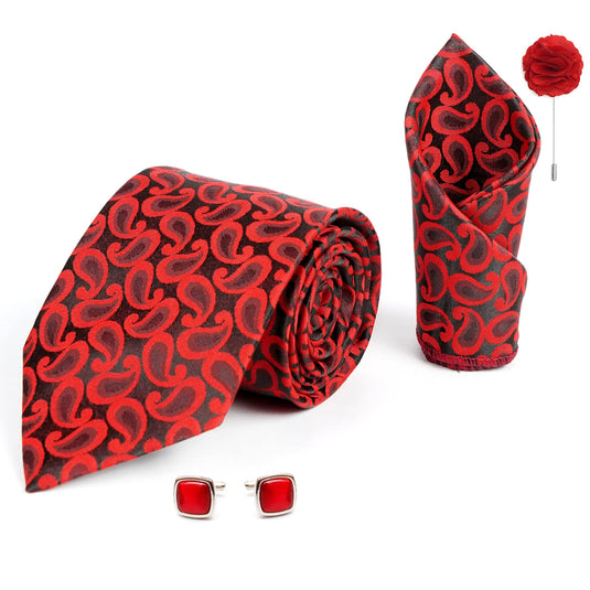 RIZORO Mens Plaid Pasiley Silk Necktie Gift Set With Pocket Square Cufflinks & Brooch Pin Formal Tie With Leatherite Box (AMBI2RX Free Size) | (Leather Gift Box) (Pack of 4)