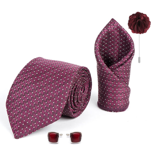 AXLON Mens Plaid Dotted Silk Necktie Gift Set With Pocket Square Cufflinks & Brooch Pin Tie For Men Formal With Leatherite Box (A12RX Free Size) | (Leather Gift Box) (Pack of 4)