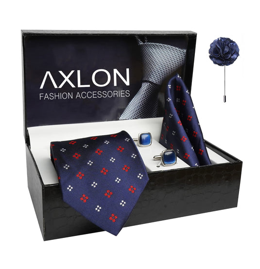 AXLON Mens Plaid Dotted Silk Necktie Gift Set With Pocket Square Cufflinks & Brooch Pin Tie For Men Formal With Leatherite Box (4D3RX Free Size) | (Leather Gift Box) (Pack of 4)