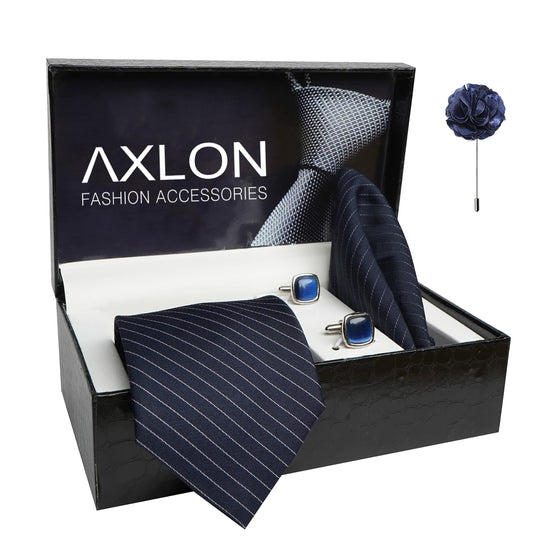 AXLON Mens Plaid Stripped Silk Necktie Gift Set With Pocket Square Cufflinks & Brooch Pin Tie For Men Formal With Leatherite Box (S1RX Free Size) | (Leather Gift Box) (Pack of 4)