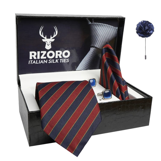 RIZORO Mens Plaid Stripped Silk Necktie Gift Set With Pocket Square Cufflinks & Brooch Pin Formal Tie With Leatherite Box (S3RX Free Size) | (Leather Gift Box) (Pack of 4)