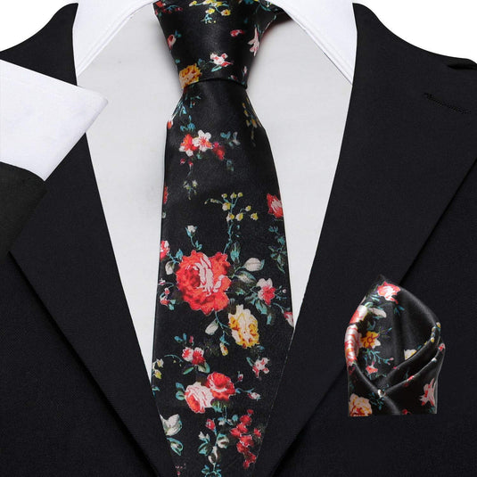 Axlon Men's Micro Polyester Floral Necktie Set with Pocket Square and Brooch Pin (Black ,Free Size)