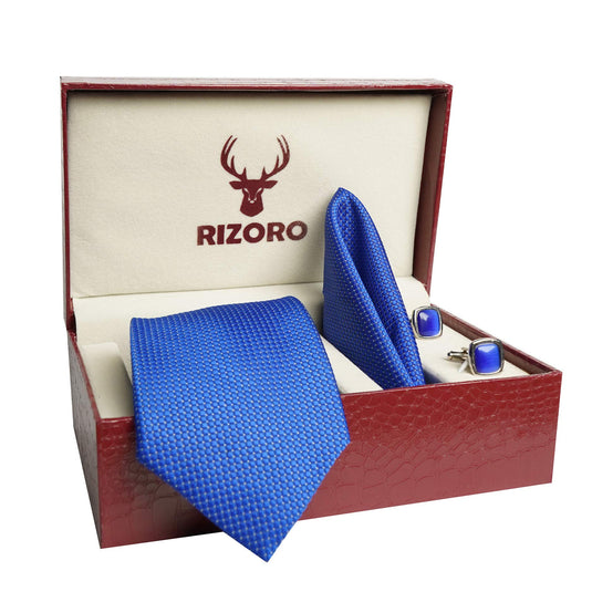 RIZORO Mens Plaid Dotted Silk Necktie Tie Gift Set With Pocket Square, Cufflinks & Brooch Pin Formal Tie With Leatherite Box (A10RB, Free Size)