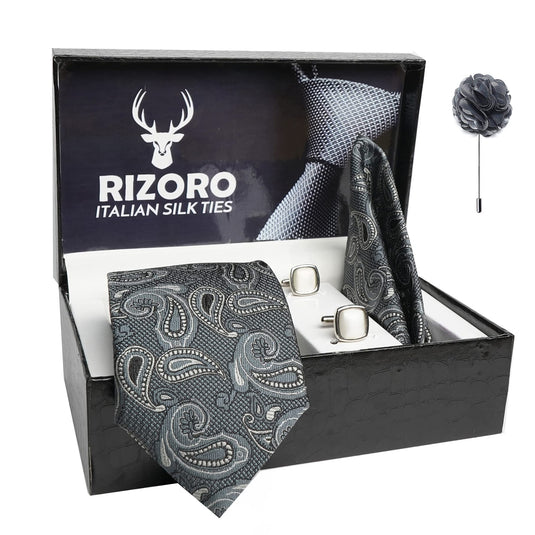 RIZORO Mens Plaid Pasiley Silk Necktie Gift Set With Pocket Square Cufflinks & Brooch Pin Formal Tie With Leatherite Box (AMBI4RX Free Size) | (Leather Gift Box) (Pack of 4)