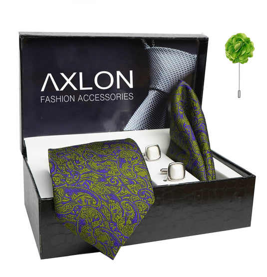 AXLON Mens Plaid Pasiley Silk Necktie Gift Set With Pocket Square Cufflinks & Brooch Pin Tie For Men Formal With Leatherite Box (PARRX Free Size) | (Leather Gift Box) (Pack of 4)