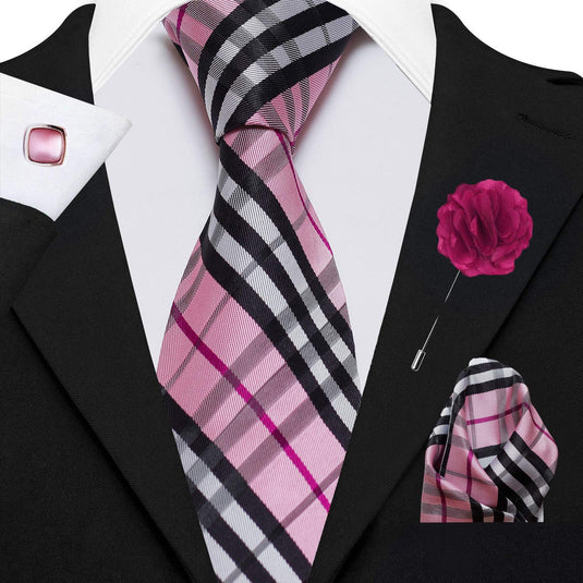 Axlon Men's Micro Polyester Checkered Necktie Set with Pocket Square and Brooch Pin (Pink , Free Size)