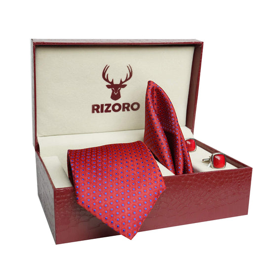 RIZORO Mens Plaid Dotted Silk Necktie Tie Gift Set With Pocket Square, Cufflinks & Brooch Pin Formal Tie With Leatherite Box (A12RB, Free Size)