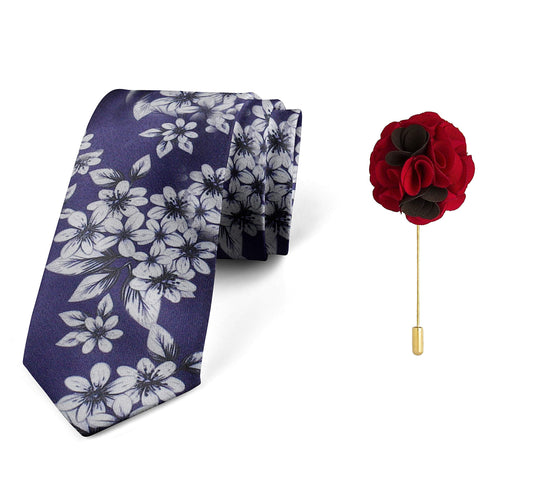 Axlon Men's Micro Polyester Floral Necktie Set with Pocket Square and Brooch Pin (Blue ,Free Size)