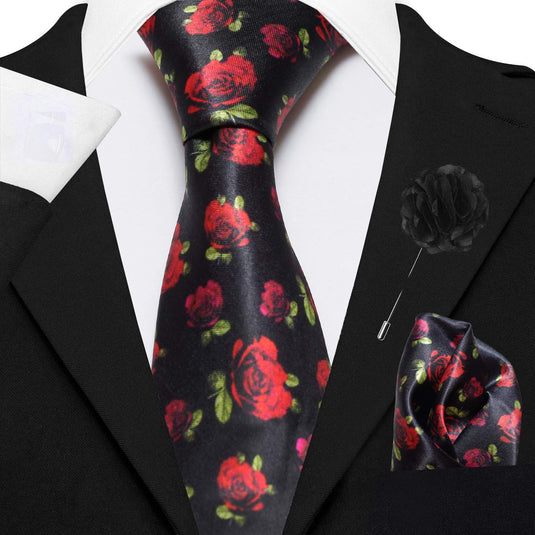 AXLON Men's Micro Polyester Floral Necktie Set with Pocket Square and Brooch Pin (Red ,Free Size)