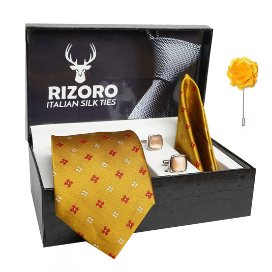 RIZORO Mens Plaid Dotted Silk Necktie Gift Set With Pocket Square Cufflinks & Brooch Pin Formal Tie With Leatherite Box (4D3RX Free Size) | (Leather Gift Box) (Pack of 4)