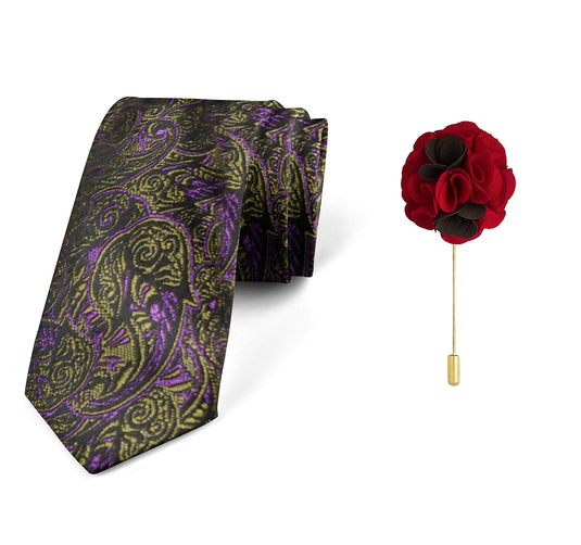 Axlon Men's Micro Polyester Paisley Necktie Set with Pocket Square and Brooch Pin (Golden Purple, Free Size)