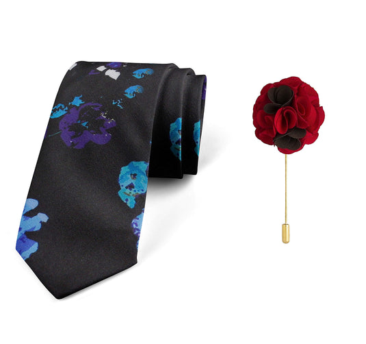 AXLONMicro Polyester Floral Necktie Set with Pocket Square and Brooch Pin (Black ,Free Size)