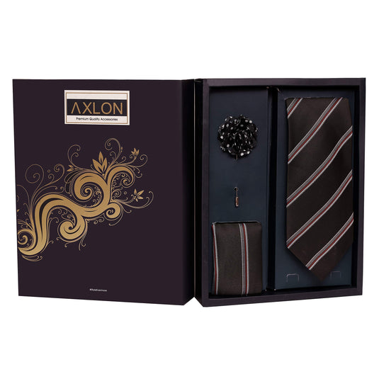 Axlon Men's Polyester Necktie Set with Pocket Square, Brooch Pin and Cufflinks (Free Size, Brown)